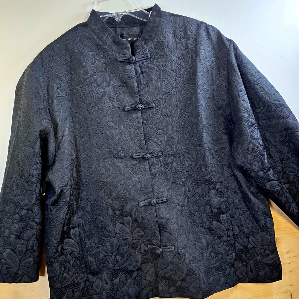 Josephine Chaus Silk Brocade Jacket Vintage 90s Lrg Black Mandarin Frog Closure